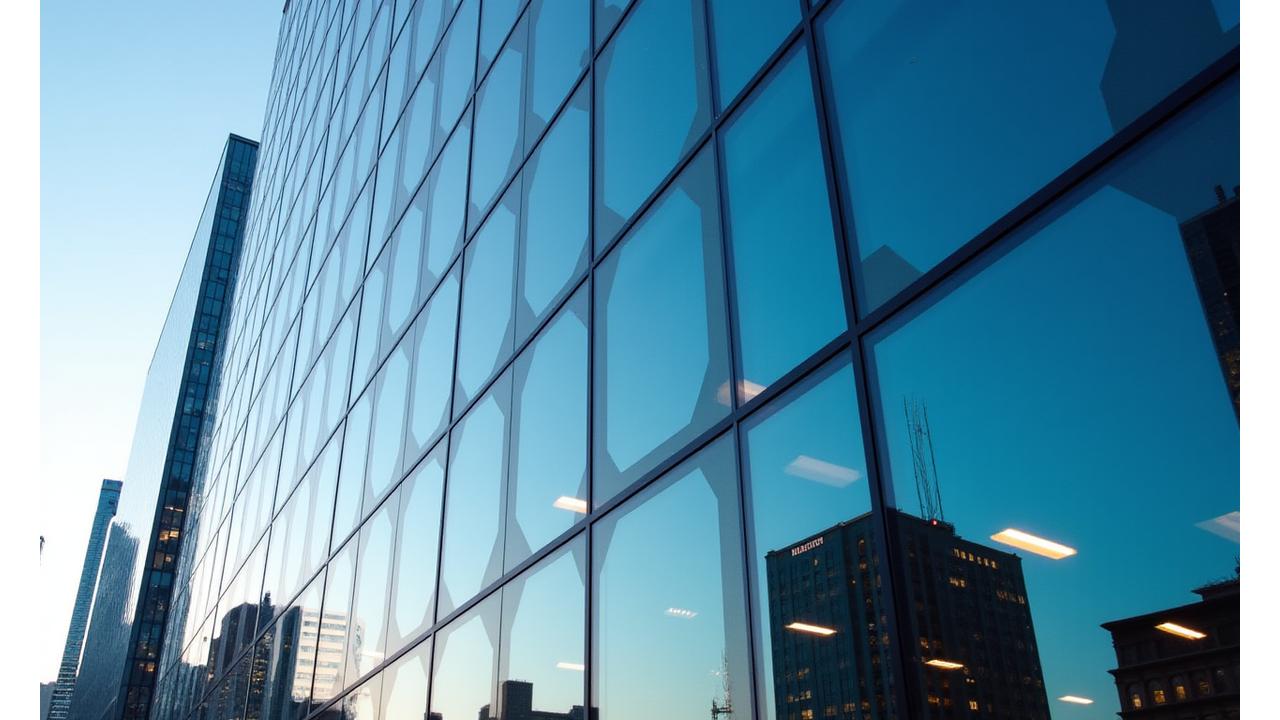 Architectural facade of a modern, glass building in Austin, reflecting the sky and city skyline at dawn.