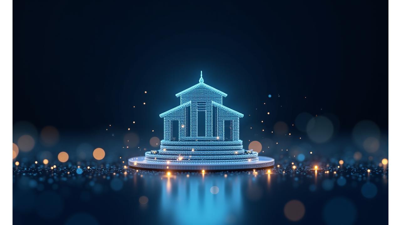 Futuristic legal concept: glowing legal code flowing over a virtual courthouse icon, symbolizing technology's impact on law.