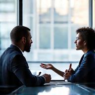 Two people at a table discussing, symbolizing collaborative negotiation.