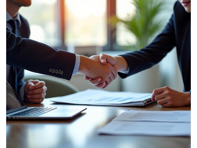Professionals shaking hands over a contract, symbolizing successful contract negotiation and business agreement.