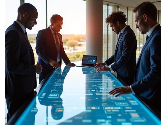 Team of legal professionals collaborating in a modern office, symbolizing strategic corporate law. Focus on technology integration and dynamic legal insight.