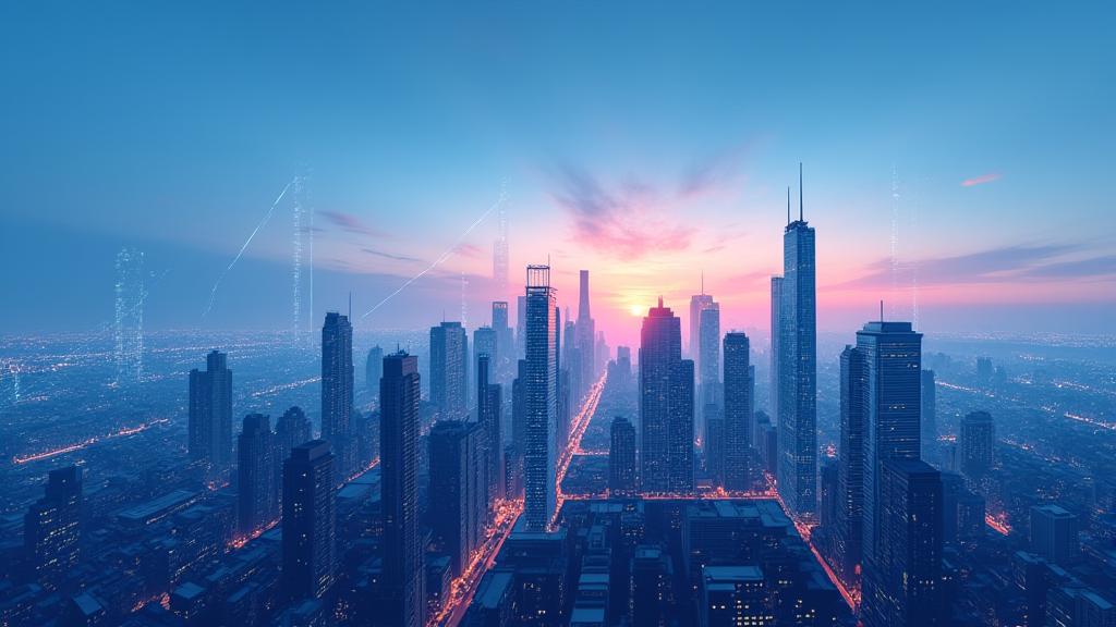 Illustration showing a growing city skyline with connecting lines, symbolizing successful business expansion through franchising.