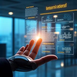 Cyborg hand interacting with a holographic interface displaying IP concepts and data, representing technology-enhanced IP management.