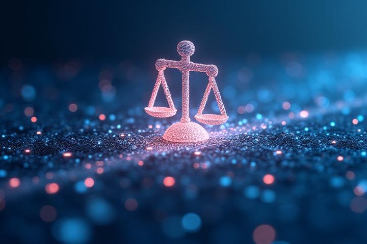 Abstract representation of data flow and AI integration in legal processes, symbolizing efficiency and innovation