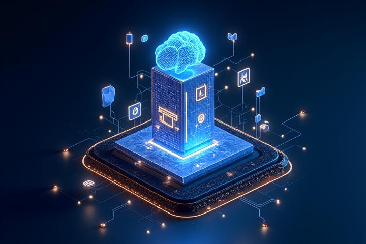 Illustration of an integrated technology stack with interconnected icons representing AI, cloud, data analytics, and security