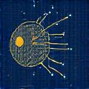 Icon depicting data collection and analysis with gears and data points