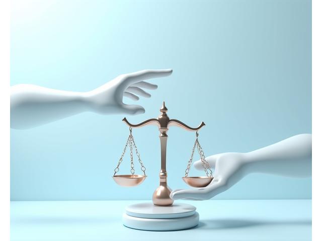 Abstract depiction of mediation: two hands meeting across a balanced scale