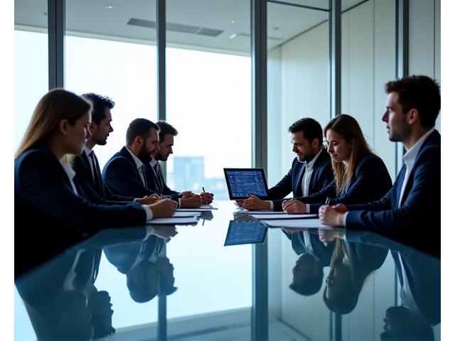 Team of lawyers discussing commercial dispute strategy at a conference table