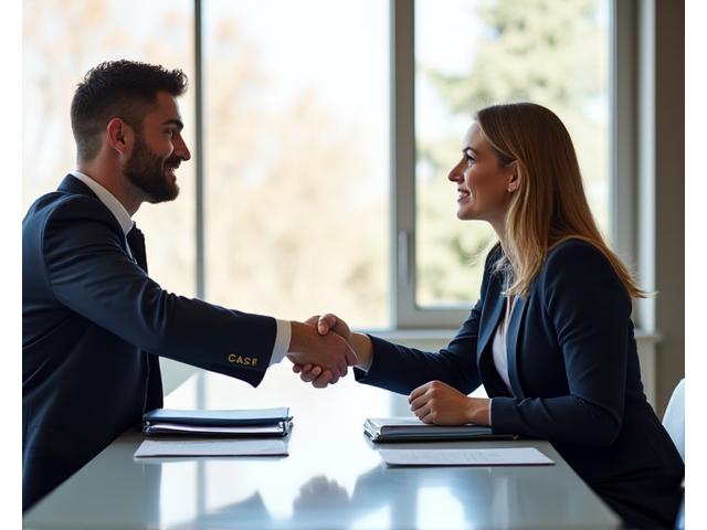 Two people shaking hands over a negotiation table in an office, symbolizing conflict resolution