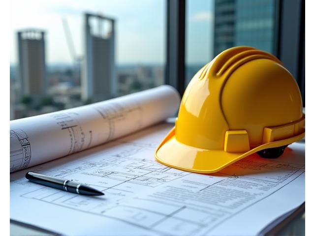 Architectural blueprint and hard hat on a construction site representing legal aspects of construction