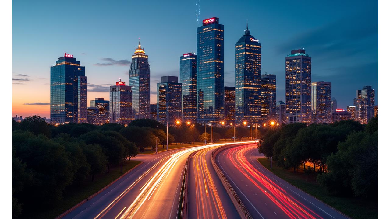 Austin skyline at twilight, vibrant and bustling, symbolizing innovation and growth