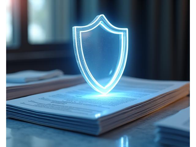 Symbolic image of a protective shield over legal documents, representing liability limitation.